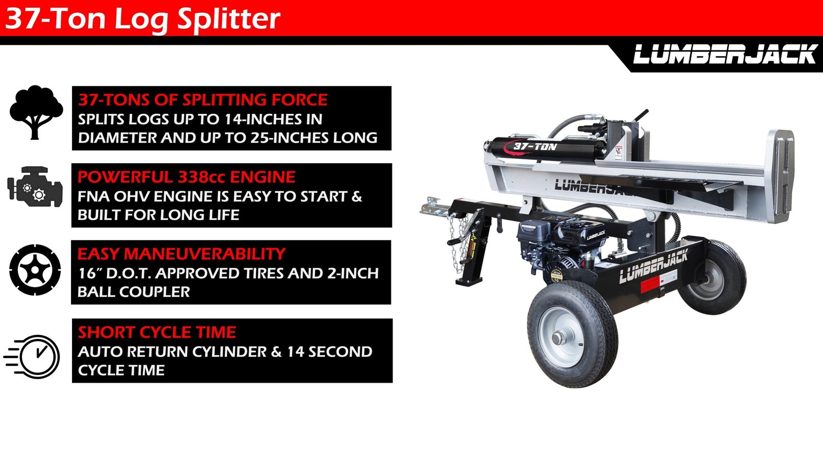 Lumber Jack 37-Ton Gas Log Splitter 208cc OHV Engine (YTL-050-494)