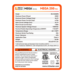 MEGA 250 PRO | 250 Watt 24 Volt Solar Panel | Premium 24V Off-Grid Solar Panel for Campers, Tiny Homes, Cabins | 25-Year Output Warranty | UL Certified BACKORDER
