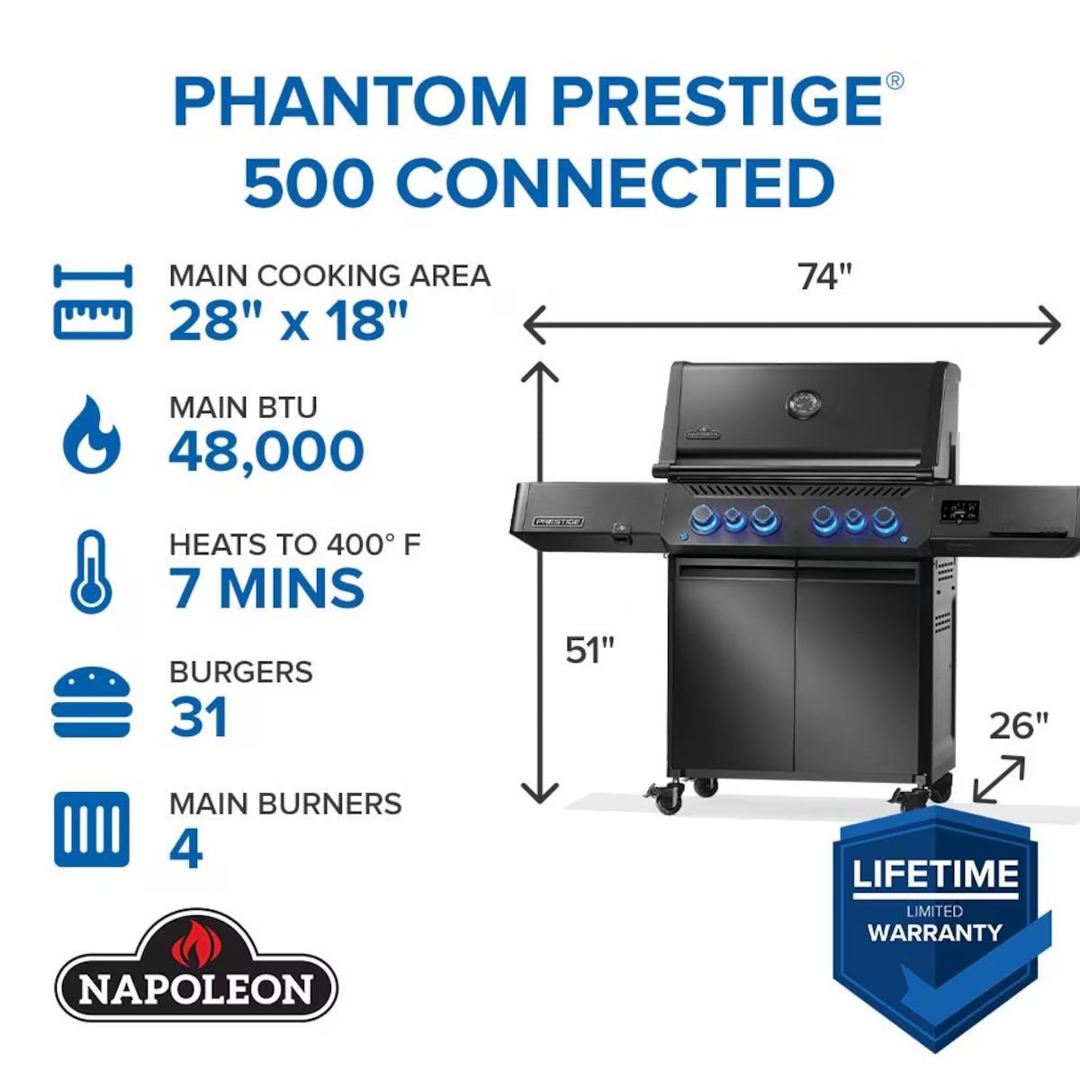 Napoleon | Phantom Prestige 500 Connected, Natural Gas Grill with Infrared Side and Rear Burner, Matte Black | P500VXRSIBNK-PHM