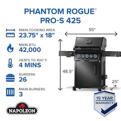 Napoleon | Rogue PRO-S Phantom 425 3-Burner Propane Grill w/ Side Burner & SafetyGlow | RPS425RSIBPK-2-PHM