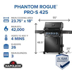 Napoleon | Rogue PRO-S Phantom 425 3-Burner Propane Grill w/ Side Burner & SafetyGlow | RPS425RSIBPK-2-PHM