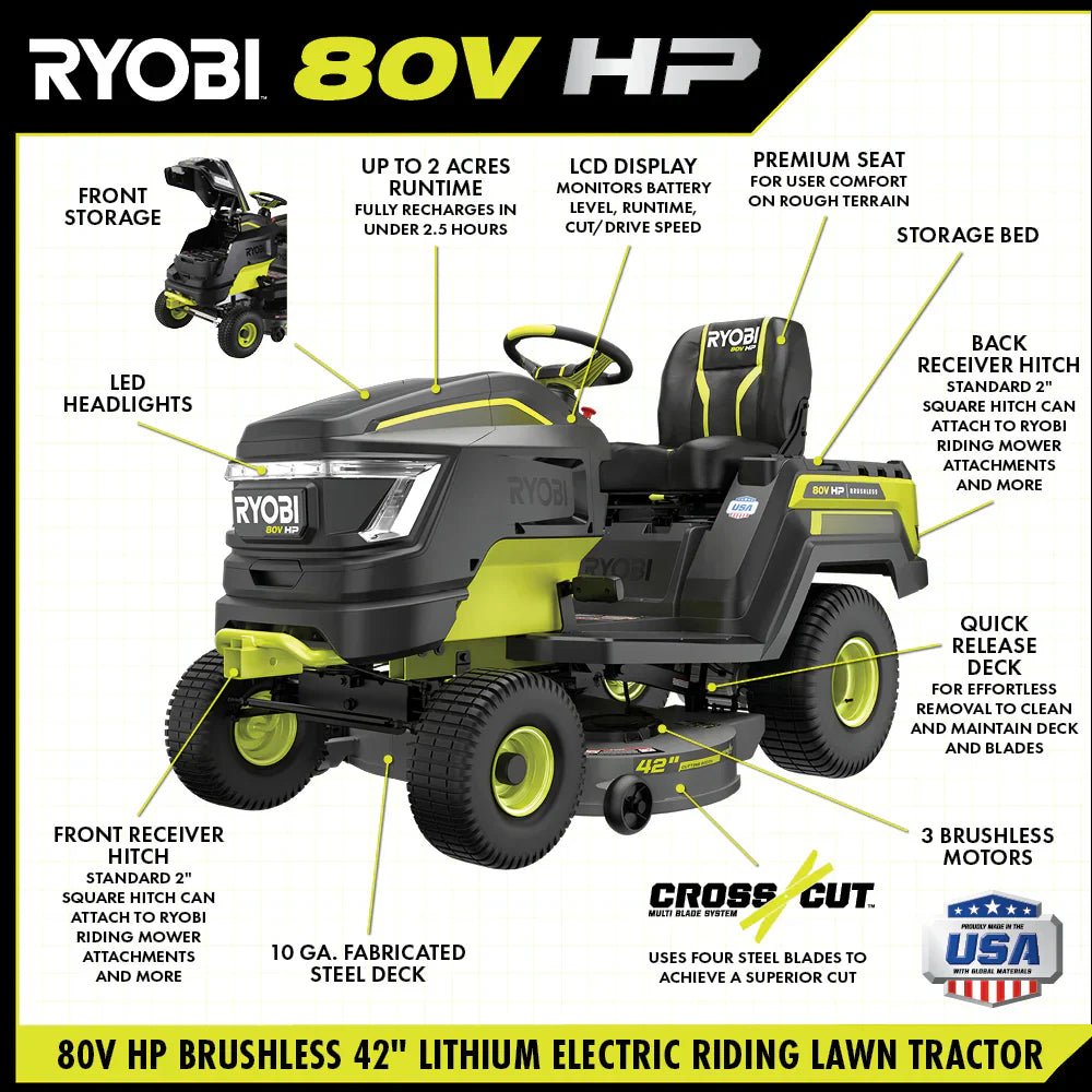 Brushless 80V Hp 46-Inch Cordless Lawn Tractor Battery Powered